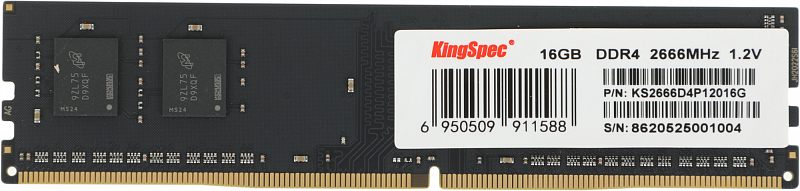 Фото-1 Модуль памяти KingSpec 16GB DIMM DDR4 2666, фронтальный вид со стороны наклейки. Видны чёрная плата UDIMM, белая этикетка с маркировкой 16GB DDR4 2666MHz 1.2V, два чипа памяти слева и контактная гребёнка с центральным ключом. Фото показывает лицевую сторону модуля для страницы товара.