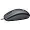 Фото-4 Мышь Logitech M90, проводная, графитово-чёрный цвет, вид слева; показаны низкий профиль корпуса, плавный подъём задней части, колесо прокрутки и кабель у передней кромки; изображение раскрывает боковой силуэт модели для страницы товара.