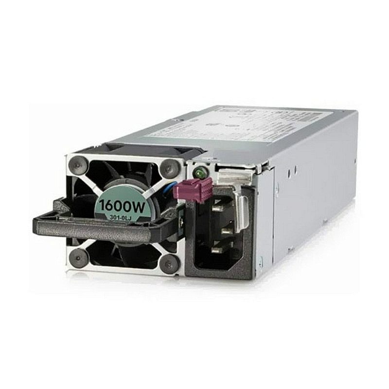 Фото-1 Серверный блок питания HPE P38997-B21 1600 Вт, вид спереди под углом; серебристый вытяжной модуль с фронтальным вентилятором, ручкой и сетевым входом, на вентиляторе маркировка 1600W; фото важно для страницы товара, чтобы показать форм-фактор и элементы установки.