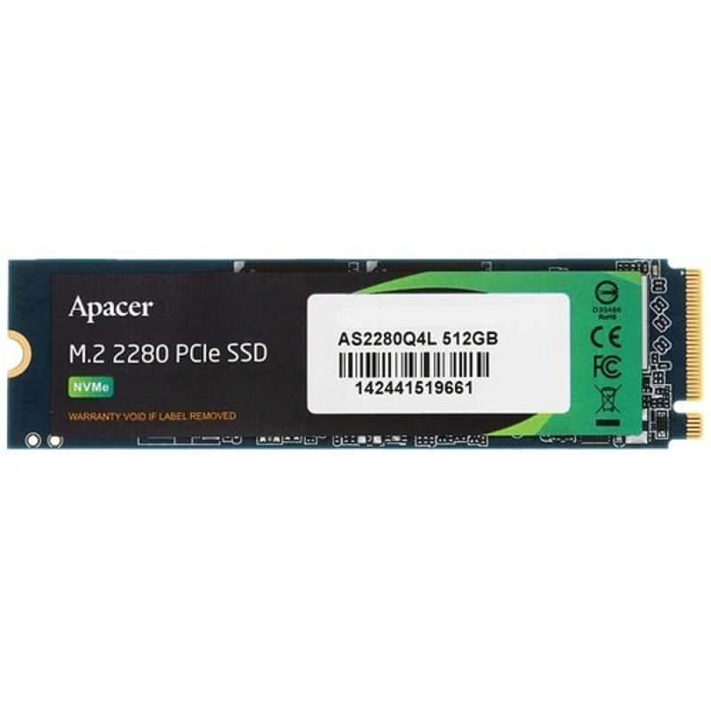 Фото-1 SSD Apacer AS2280Q4L 512 ГБ M.2 2280 PCIe 4.0 x4, вид спереди на светлом фоне; показана сторона с чёрно-зелёной наклейкой, маркировкой AS2280Q4L 512GB и разъёмом M.2 справа; фото важно для страницы товара, потому что показывает лицевую сторону и заводскую этикетку модуля.