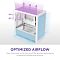 Фото-6 Корпус NZXT H3 Flow 2025 (CC-H31FW-01), инфографика &laquo;optimized airflow&raquo;: пустой белый корпус со стрелками направления потоков воздуха через сетчатый фронт и сетчатый кожух блока питания; изображение объясняет схему продува и работу сетчатых панелей.