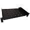 Фото-2 Перфорированная полка Lanmaster TWT-CB-SF350-2U-60, ракурс сбоку-спереди; чёрная платформа с диагональными вентиляционными прорезями, видны боковые кронштейны с отверстиями под крепёж; на белом фоне, показана глубина полки и точки крепления для монтажа в стойку.