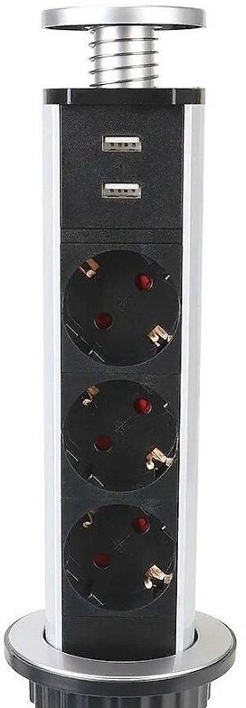 Фото-1 Сетевой разветвитель Premier PX-BL-VRT-3R-2USB-GRE, серый, фронтальный вид выдвижного блока; показаны два USB-A сверху и три розетки ниже, серебристые боковые планки и круглая верхняя крышка, для страницы товара с обзором конфигурации розеток и USB-портов.