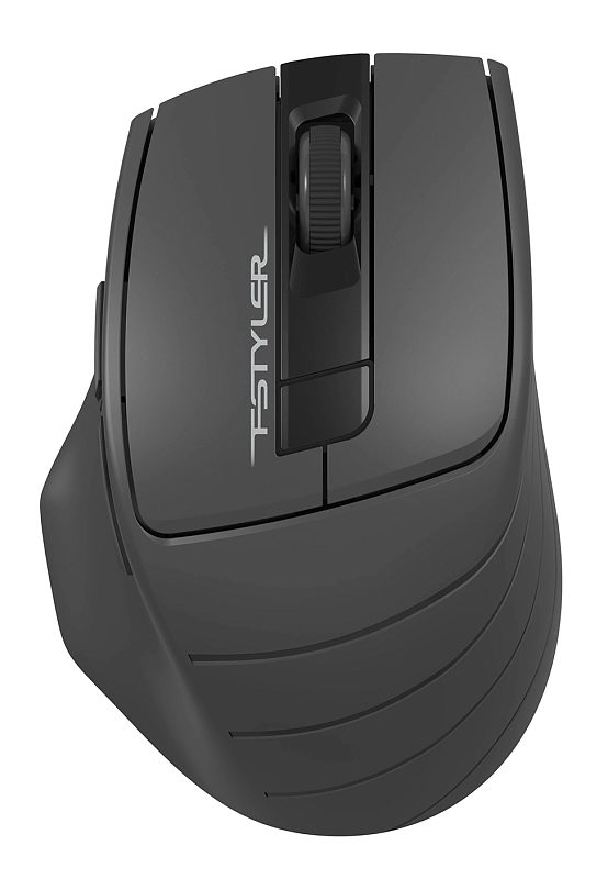Фото-1 Беспроводная мышь A4Tech Fstyler FG30S, графитовая, вид сверху; видны две основные кнопки, колесо прокрутки, центральная кнопка и рельефные линии на передней части корпуса; изображение показывает основной внешний вид товара для страницы модели.
