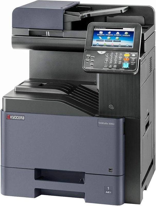 Фото-1 МФУ Kyocera TASKalfa 308ci (1102WL3NL0), вид спереди-справа: верхний автоподатчик, крупная панель управления с экраном и цифровой клавиатурой, выдвижные лотки; тёмно-серый корпус с сине-серой передней секцией — показывает общую компоновку для страницы товара.