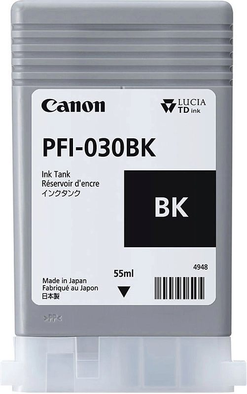 Фото-1 Картридж Canon PFI-030BK 3489C001, вид спереди без упаковки; на фото серый прямоугольный резервуар с белой фронтальной этикеткой BK, прозрачным нижним основанием и указанием 55 ml, изображение показывает форму и маркировку картриджа на странице товара.