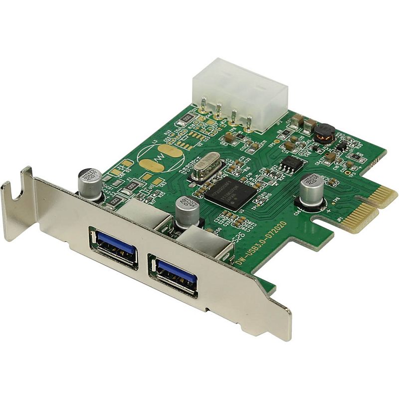 Фото-1 Интерфейсная плата PCIe ORIENT NC-3U2PELP: плата расширения с 2 портами USB Type-A (синие вставки) на металлической планке; вид под углом. Видны зелёная печатная плата и белый разъём питания на плате; контекст — добавление двух USB-портов в ПК; важно для страницы, чтобы увидеть число портов и тип планки.