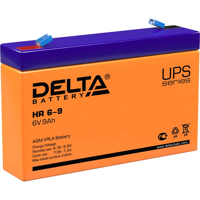 Фото-1 Аккумулятор для ИБП Delta HR 6-9, вид сбоку на белом фоне; оранжевый корпус UPS series и фиолетовая крышка; сверху клеммы Faston с голубыми колпачками, видна красная метка плюса — важно для корректного подключения и замены батареи в ИБП.