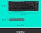 Фото-5 Клавиатура из комплекта Logitech 920-003381, инфографика: вид сверху и сбоку на бирюзовом фоне с линиями размеров и подписью «размеры»; показывает высоту корпуса и наличие цифрового блока.