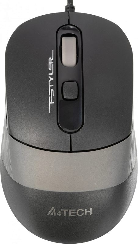 Фото-1 Проводная мышь A4Tech Fstyler FM10 Grey, вид сверху; на фото тёмно-серый корпус, светло-серое колесо прокрутки, центральная кнопка и широкая серая вставка на задней части, кабель выходит спереди; изображение показывает внешний вид модели для страницы товара.