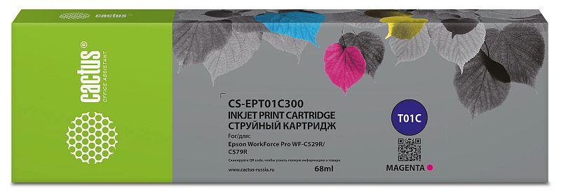 Фото-1 Струйный картридж Cactus CS-EPT01C300 T01C, фронтальный вид коробки; прямоугольная коробка с зелёной боковой секцией, серой лицевой панелью с листовым рисунком, маркировкой модели и объёмом 68 мл, цвет magenta; предметное фото упаковки для карточки совместимого картриджа Epson.