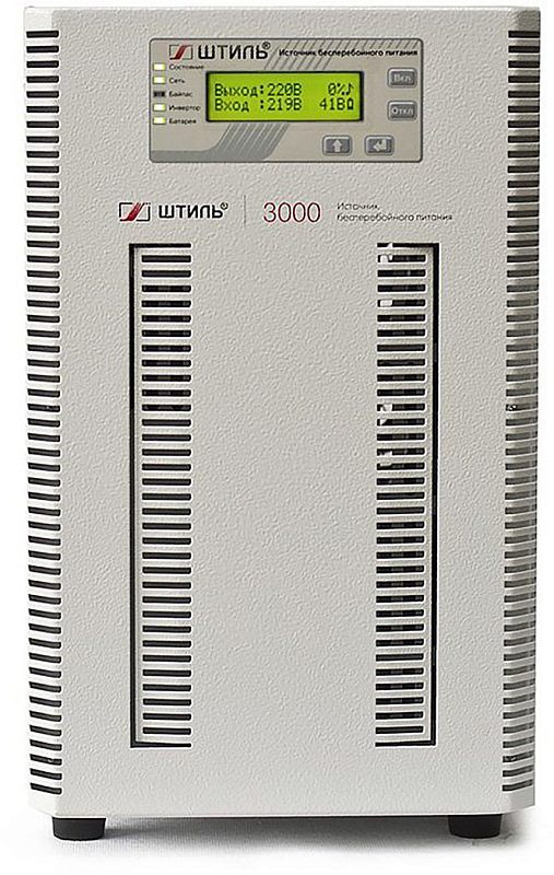 Фото-1 ИБП Штиль ST1103SL, вид спереди, показан светло-серый напольный корпус tower с вертикальными вентиляционными прорезями, дисплеем в верхней части и четырьмя опорами снизу; изображение нужно для страницы товара, чтобы показать фронтальную часть устройства.
