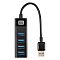 Фото-3 USB-хаб Exegate DUB-4TP, вид спереди: четыре порта USB-A с синими вставками и штекер USB-A на кабеле рядом, чёрный; демонстрирует расположение портов и разъём подключения к ПК.