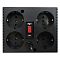 Фото-2 Стабилизатор напряжения Powercom TCA 1200 BL, задняя панель: четыре розетки Schuko, красный переключатель RESET/OFF по центру, ввод сетевого кабеля снизу, чёрный корпус на белом фоне; важно для оценки количества выходов и расположения выключателя.