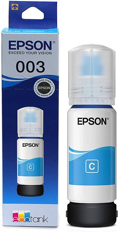 Фото-1 Чернила Epson 003 C13T00V298, коробка и флакон спереди на белом фоне; белый флакон с голубой меткой C и полупрозрачной крышкой расположен рядом с коробкой Epson 003 Ecotank, объём 65 мл; изображение показывает цвет чернил, форму бутылки и упаковку для страницы товара Epson.