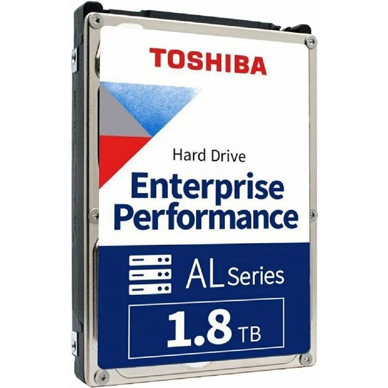 Фото-1 Жесткий диск Toshiba AL15SEB18EP, вид спереди — бело-синяя этикетка «Enterprise Performance AL Series» с обозначением 1.8TB, серебристая рамка и чёрные боковины корпуса; важно для распознавания серии и объёма накопителя.