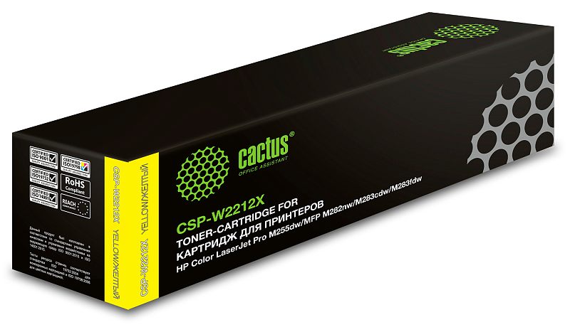 Фото-1 Тонер-картридж Cactus CSP-W2212X, жёлтый, коробка в ракурсе спереди-слева. На фото длинная чёрная упаковка с жёлтой боковой полосой, зелёным логотипом и маркировкой модели X-серии. Изображение показывает упаковку и цветовую идентификацию картриджа, что важно для страницы товара.