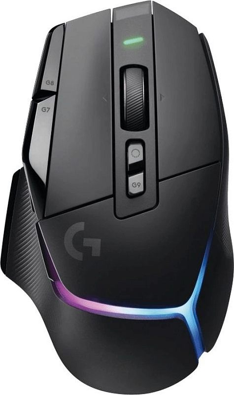 Фото-1 Мышь Logitech G502 X Plus, вид сверху. На фото видны чёрный корпус, колесо прокрутки, две центральные кнопки, зелёный индикатор под колесом, боковые кнопки G7 и G8 слева и RGB-полоса в задней части; изображение показывает верхнюю компоновку органов управления для страницы товара.