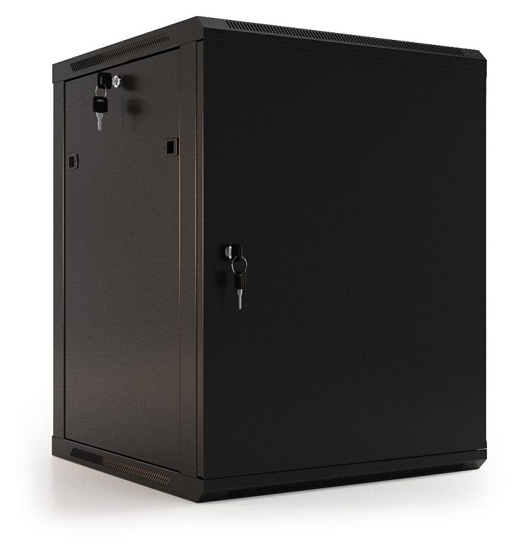 Фото-1 Настенный шкаф Hyperline TWB 6U 600x450 мм, чёрный, общий вид спереди слева с закрытой дверцей. На фото видны компактный металлический корпус, передняя дверь с замком, верхние кабельные вводы и боковые панели. Изображение показывает внешний вид шкафа для страницы товара.