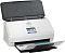 Фото-5 Сканер HP ScanJet Pro N4000 snw1, вид спереди слева; поднят автоподатчик, по центру цветной сенсорный экран, на переднем лотке лежит лист; изображение на белом фоне, показывает общий вид устройства для карточки товара.