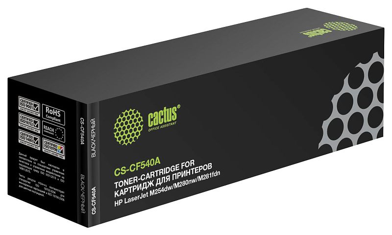 Фото-1 Тонер-картридж Cactus 203A CS-CF540A, чёрный, коробка в ракурсе спереди сбоку. На фото тёмная упаковка с зелёным логотипом cactus, маркировкой модели и блоком сертификационных значков на торце. Изображение показывает упаковку и идентификацию расходника для страницы товара.