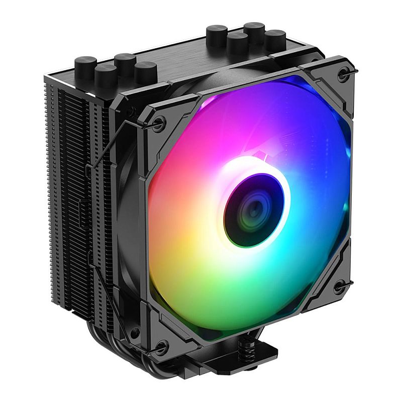 Фото-1 Кулер для процессора ID-Cooling SE-224-XTS-ARGB, общий вид под углом: чёрный башенный радиатор и вентилятор с многоцветной подсветкой по всей крыльчатке, сверху видны цилиндрические элементы на верхней панели; на белом фоне, показывает внешний вид и конструкцию CPU-кулера.