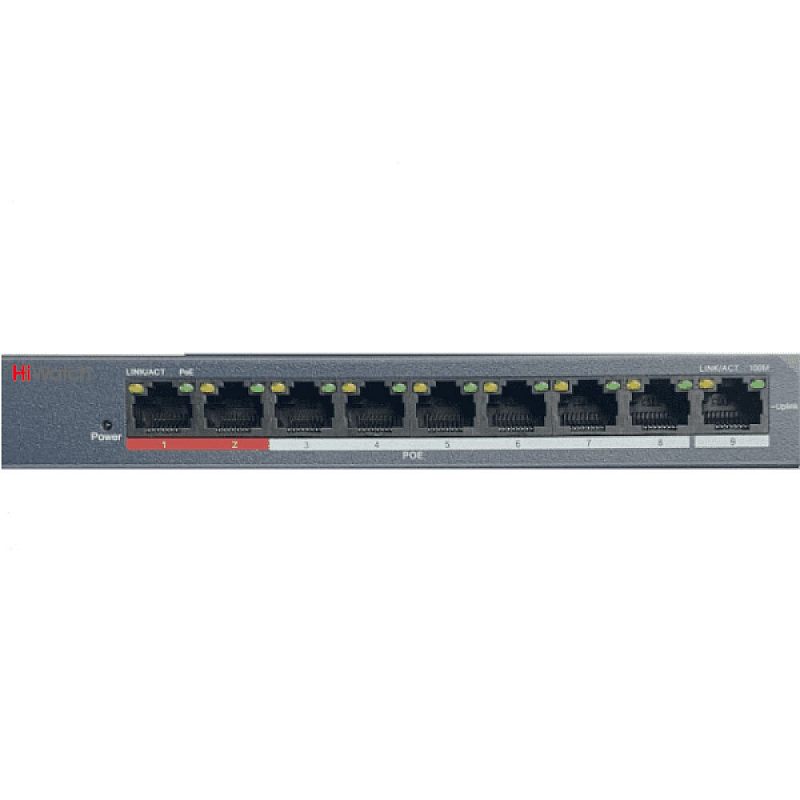 Фото-1 Коммутатор HiWatch DS-S908P-B, крупный план передней панели. На фото 9 портов RJ-45, зона PoE для первых восьми портов, слева индикатор Power и логотип HiWatch. Изображение акцентирует расположение портов и индикации для карточки товара.