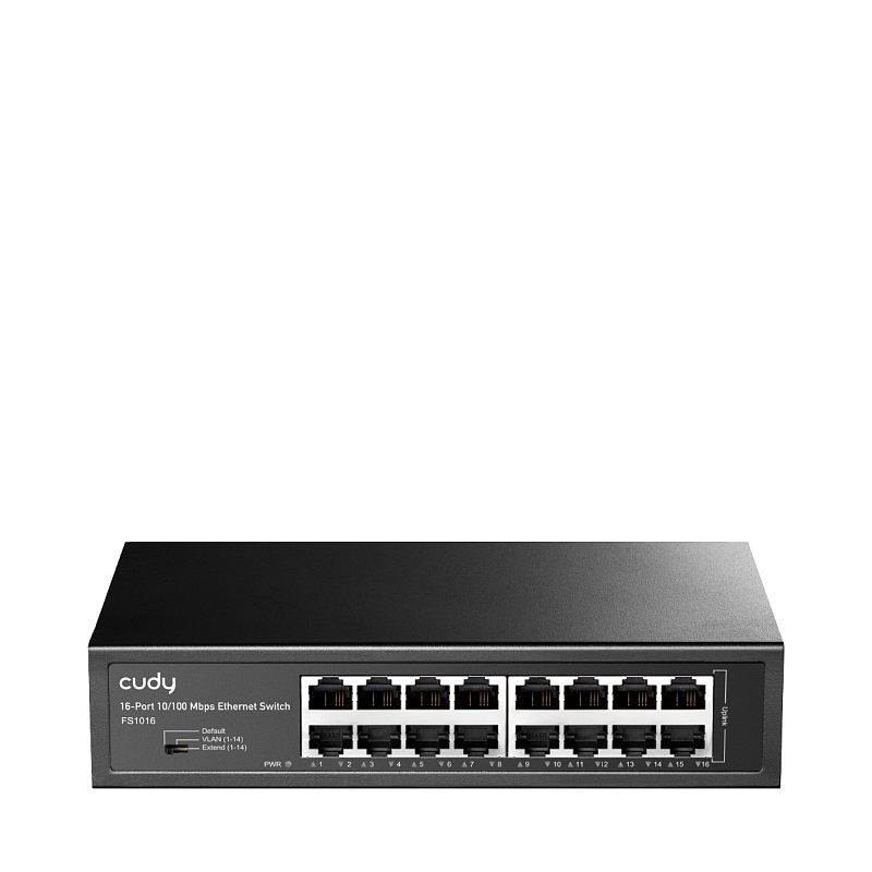 Фото-1 Коммутатор Cudy FS1016, прямой фронтальный вид: чёрный металлический корпус, 16 портов RJ-45 в два ряда, слева переключатель режимов Default/VLAN/Extend и индикатор питания; изображение важно для просмотра 16-портовой панели.