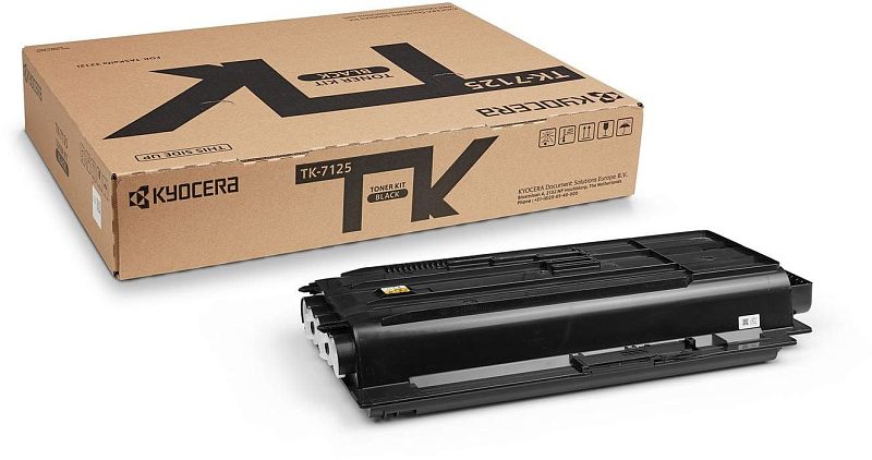 Фото-1 Тонер-картридж Kyocera TK-7125 1T02V70NL0, чёрный лазерный, комплект с коробкой и картриджем спереди. Видны длинная коричневая коробка TK-7125, вытянутый чёрный корпус, боковые направляющие и светлые торцевые элементы. Фото показывает форму картриджа и упаковку расходного материала.