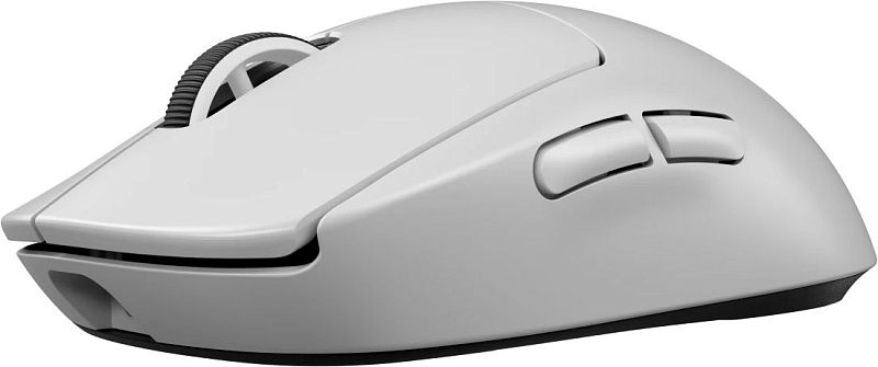 Фото-1 Беспроводная мышь Logitech PRO X SUPERLIGHT 2, вид слева; белый корпус с чёрным колесом прокрутки, две боковые кнопки и низкий плавный профиль, чёрное основание снизу; фото показывает левую сторону и форму корпуса игровой мыши.