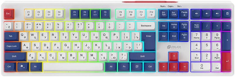 Фото-1 Клавиатура Oklick 725G, вид сверху; белый корпус, бело-синие клавиши с красными акцентами на Esc, стрелках и Enter, полноразмерная раскладка с цифровым блоком и RGB-подсветкой по контуру; фото показывает основной внешний вид товара на странице модели.