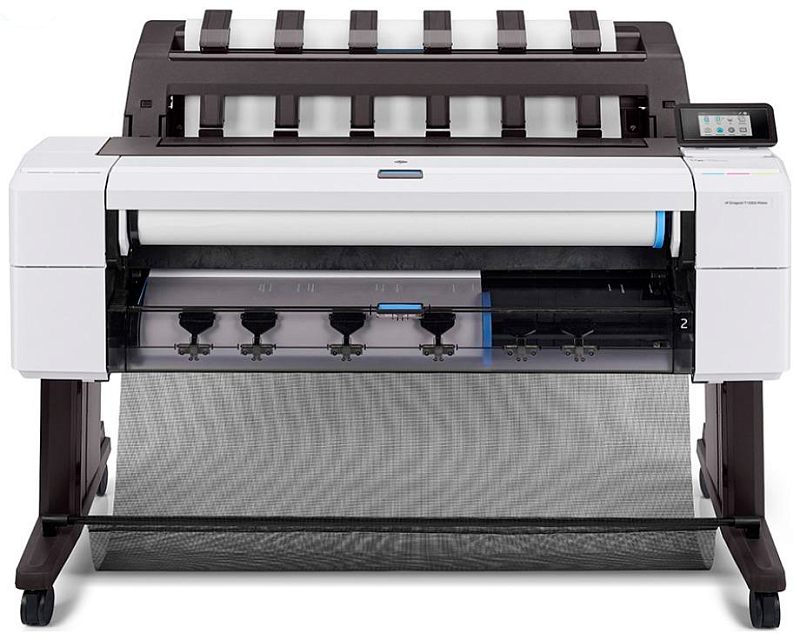 Фото-1 Широкоформатный плоттер HP DesignJet T1600dr, вид спереди: установлен рулон бумаги, через прозрачную переднюю крышку виден кареточный узел, снизу сетчатый приёмный карман, справа сенсорный экран; бело-чёрный корпус на белом фоне для показа конструкции зоны печати и приёмника отпечатков.