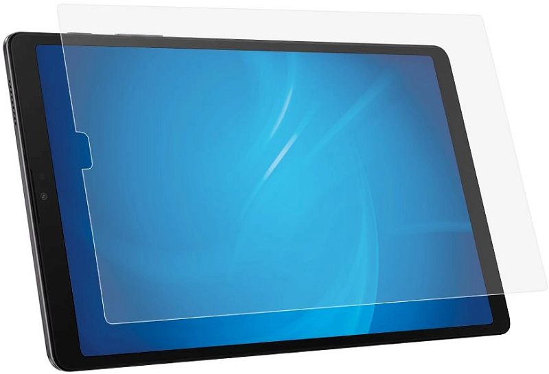 Фото-1 Защитное стекло DF SSteel 79 для Samsung Galaxy Tab A7 Lite 8.7 — планшет в горизонтальном положении и прозрачное стекло, показанное поверх экрана; видно вырез под элементы на рамке, что помогает оценить форму стекла.