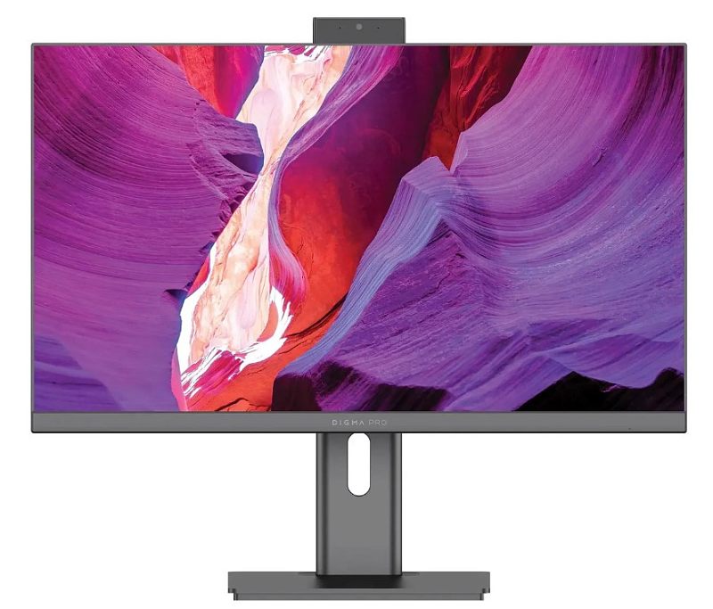 Фото-1 Моноблок Digma Pro Unity DM23P3-ADXW02, фронтальный вид. На фото тонкие рамки экрана, выдвижная камера сверху по центру и широкая стойка с овальным вырезом на прямоугольном основании, корпус графитовый. Изображение показывает внешний вид передней панели для страницы товара.