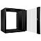Фото-2 Настенный шкаф Cabeus WSC-05D Light 12U, чёрный, вид спереди с открытой стеклянной дверцей вправо; видны петли, замок, внутренние монтажные направляющие и открытый фронтальный доступ; изображение важно для карточки товара, так как показывает рабочее пространство внутри шкафа.