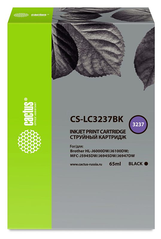 Фото-1 Картридж Cactus CS-LC3237BK, чёрный струйный картридж 65 мл, фронтальный вид упаковки; высокая коробка с серой лицевой частью, зелёной левой плашкой, маркировкой 3237 и обозначением BLACK; на белом фоне для страницы товара, чтобы показать модель, объём и цвет расходника.
