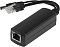 Фото-1 PoE-сплиттер OSNOVO PoE Splitter/2, вид под углом: чёрный корпус с портом RJ45 и выходным кабелем с RJ45 и DC-штекером &mdash; для разделения PoE на данные и питание.