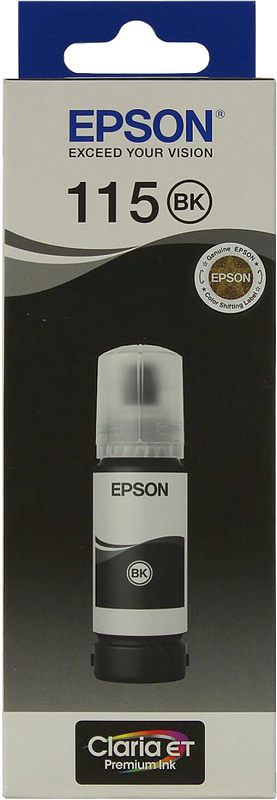 Фото-1 Чернила Epson 115 C13T07C14A, фронтальный вид коробки: узкая бело-чёрная упаковка с синей подвесной частью, маркировкой 115 BK и изображением флакона; для страницы чёрных струйных чернил Epson и идентификации модели по лицевой стороне упаковки.