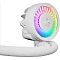 Фото-5 Система водяного охлаждения ARCTIC Liquid Freezer III Pro 360 A-RGB — крупный план помпы спереди; круглая лицевая панель с сегментами A-RGB подсветки и логотипом ARCTIC, белые шланги в оплётке выходят снизу для монтажа на CPU.
