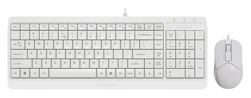 Фото-1 Комплект клавиатура и мышь A4Tech F1512 White, общий вид: белая клавиатура с цифровым блоком и белая проводная мышь на белом фоне, видны индикаторы на верхней панели; изображение показывает состав набора и цвет для карточки товара.