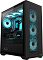 Фото-8 Корпус Formula Air Power G5 Plus, чёрный: ракурс спереди-слева в сборке ПК; передняя сетка с тремя вентиляторами с голубой подсветкой и боковая прозрачная панель с видимыми компонентами; важно для понимания внешнего вида корпуса в рабочем контексте.