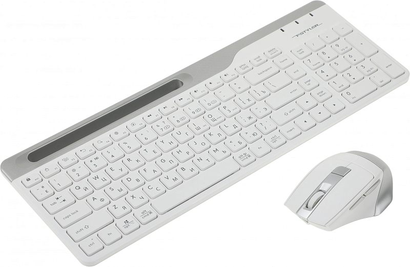 Фото-1 Комплект клавиатура и мышь A4Tech Fstyler FB2535C Icy White, общий вид под углом: белая клавиатура с серой верхней панелью и длинным углублением-пазом, рядом бело-серебристая мышь; фото показывает дизайн и цвет набора для карточки товара.