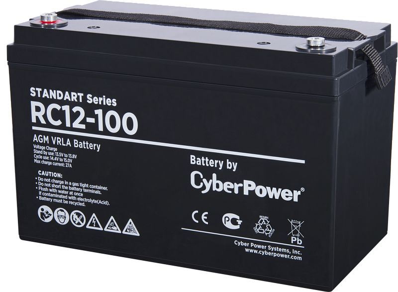 Фото-1 Аккумулятор для ИБП CyberPower RC12‑100, ракурс 3/4; чёрный корпус с белой маркировкой модели и надписью AGM VRLA; сверху светлая крышка с текстильной ручкой‑ремнём и болтовыми клеммами с красной/чёрной отметкой — помогает оценить переноску и тип клемм при установке в UPS.