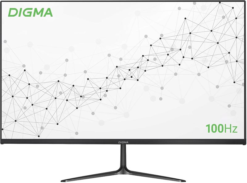 Фото-1 Монитор Digma Progress 27P302Q, вид спереди: тонкая чёрная рамка, логотип DIGMA на нижней планке, на экране надпись «100Hz» и графика с сеткой точек; Y‑образная подставка; показывает внешний вид лицевой панели.