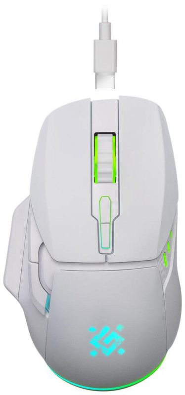 Фото-1 Беспроводная мышь Defender Stix GM-009 Gaming, вид сверху. Показаны белый корпус, колесо прокрутки и центральная кнопка с зелёной подсветкой, боковые световые вставки и контурная подсветка у основания. Изображение важно для страницы товара, потому что передаёт цветовое исполнение и световые элементы модели.