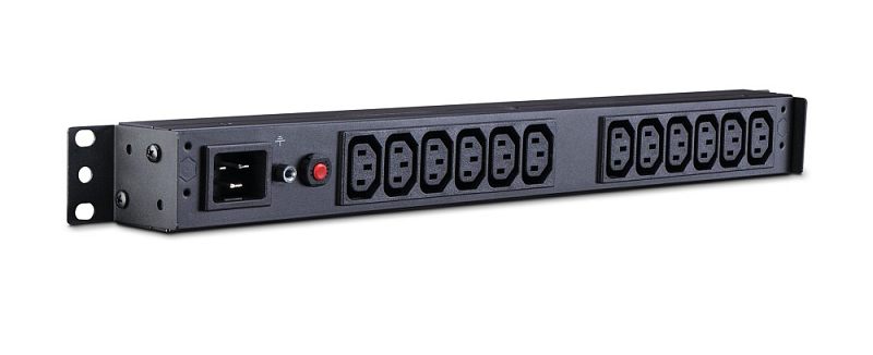 Фото-1 Распределитель питания CyberPower PDU20BHVI… 1U (PDU20BHVIEC12R), вид под углом: слева вход IEC и красная кнопка автоматического предохранителя, далее две группы разъёмов IEC для подключения оборудования; тёмно-серый/чёрный корпус, чтобы увидеть расположение входа питания и защиты на панели PDU для 19″ стойки.