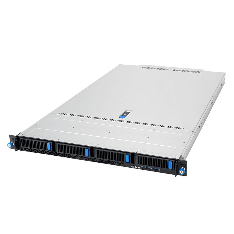 Фото-1 Серверная платформа ASUS RS700A-E13 RS4U — общий вид спереди под углом; четыре отсека накопителей с синими защёлками, чёрная решётка вентиляции и стойковые крепления; серебристый корпус; важно для визуальной идентификации конфигурации на странице товара.