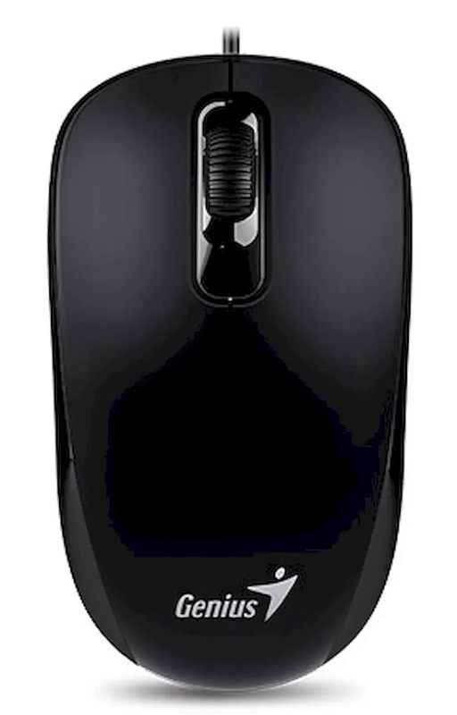 Фото-1 Проводная мышь Genius DX-110, чёрная, вид сверху; видны кабель, глянцевая верхняя панель, центральное колесо прокрутки и логотип Genius, что помогает оценить конструкцию и отделку модели на странице товара.