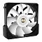 Фото-3 Корпусный вентилятор Alseye I12B, вид спереди под углом без подсветки; чёрная рамка, белые лопасти, центральная круглая наклейка с логотипом и маркировкой
