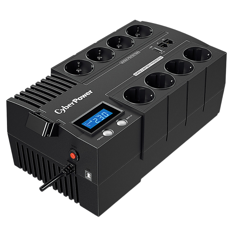 Фото-1 ИБП CyberPower BRICS 700 VA BR700E, вид сверху под углом: чёрный корпус формата brick с восемью евророзетками, LCD-дисплеем, кнопками, USB-портом и сетевыми портами; фото показывает компоновку розеток и индикации для страницы товара ИБП.